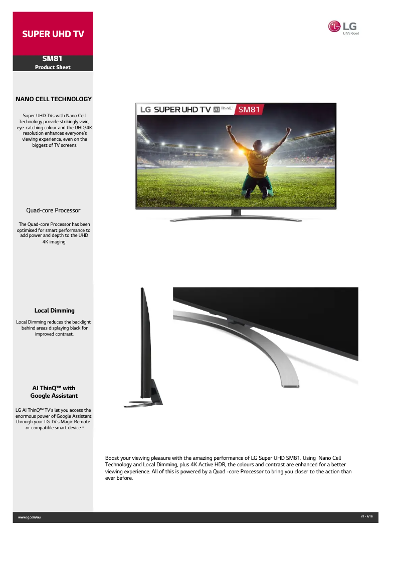 Page 1 de la notice Fiche technique LG 65SM8100PTA