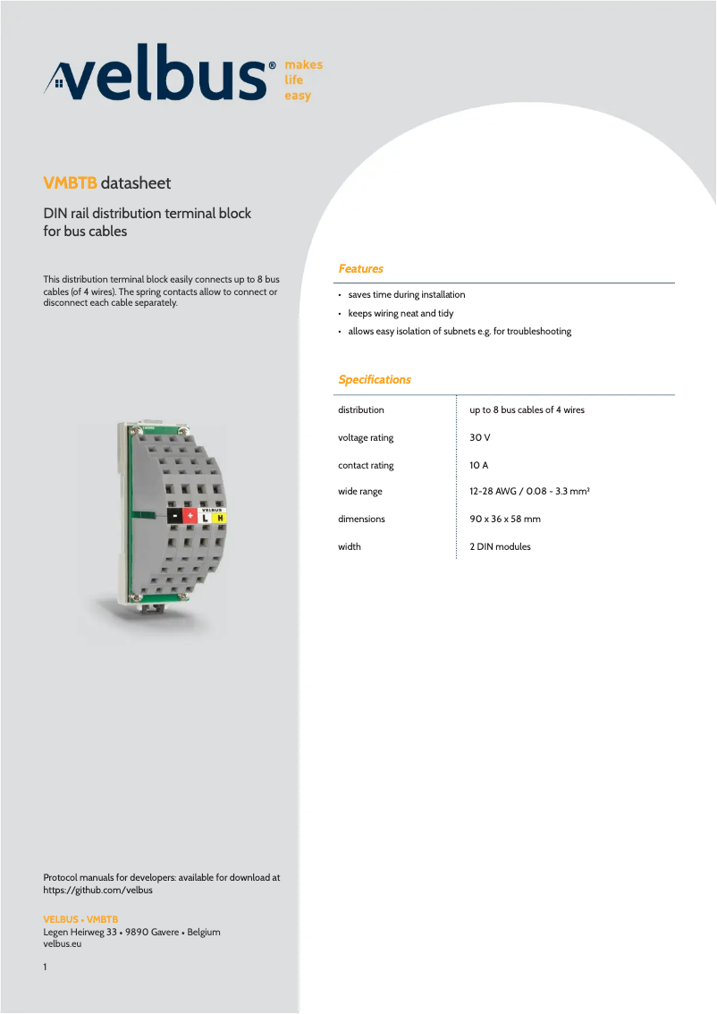 Page 1 de la notice Fiche technique Velbus VMBTB