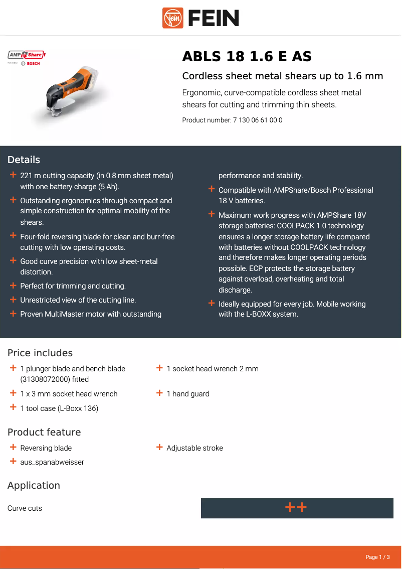 Page 1 de la notice Fiche technique Fein ABLS 18 1.6 E AS