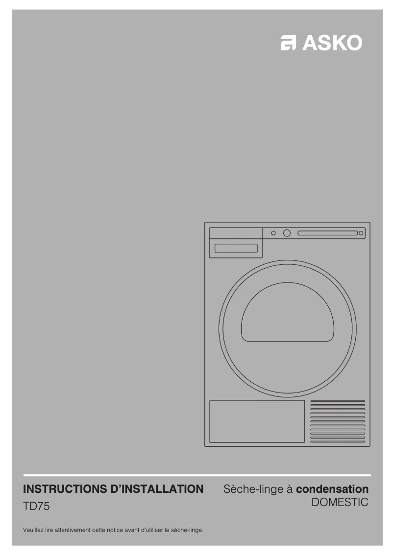 Page 1 de la notice Guide d'installation Asko T208CW