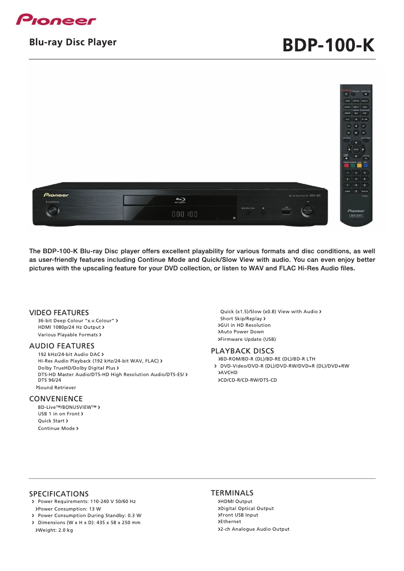 Página 1 del manual Ficha técnica Pioneer BDP-100