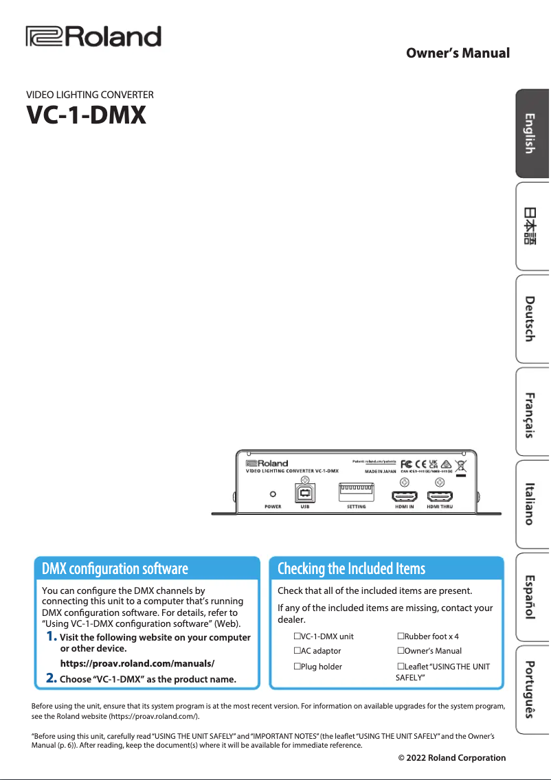 Page 1 de la notice Manuel utilisateur Roland VC-1-DMX