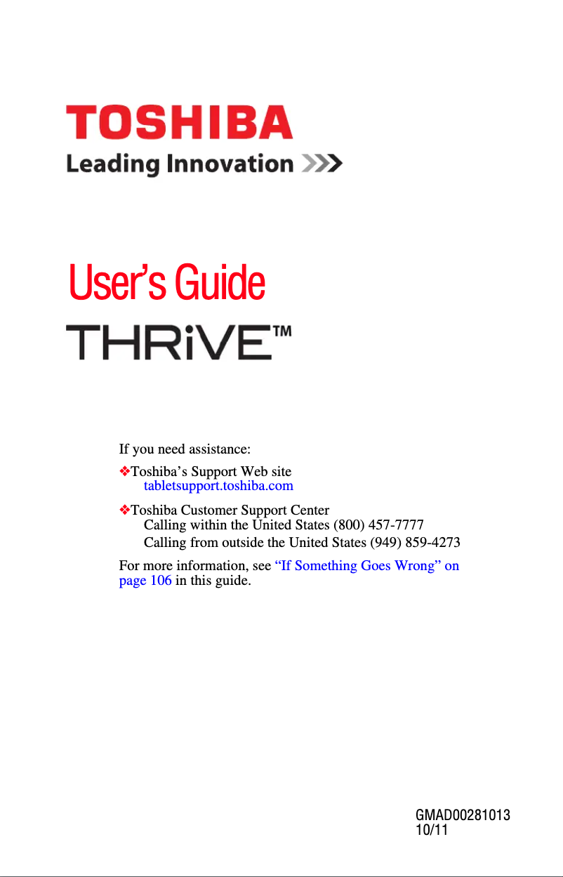 Page 1 de la notice Manuel utilisateur Toshiba Thrive AT100