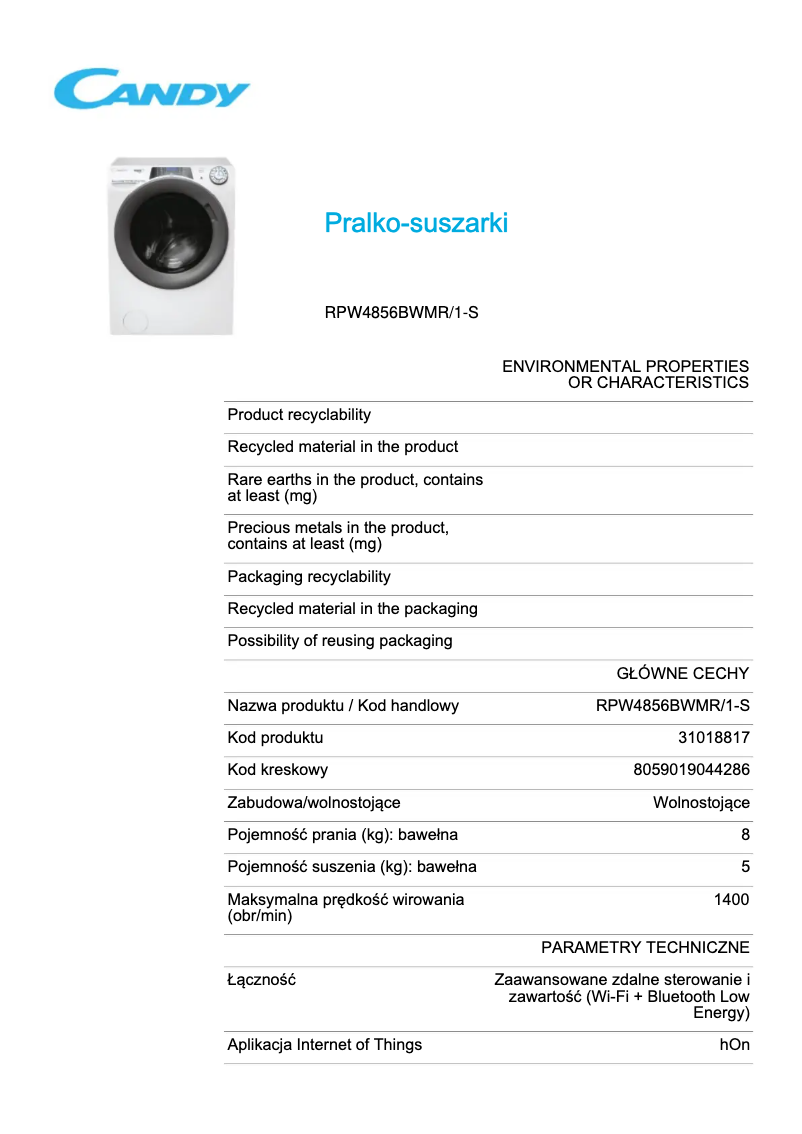 Page 1 de la notice Fiche technique Candy RPW4856BWMR/1-S