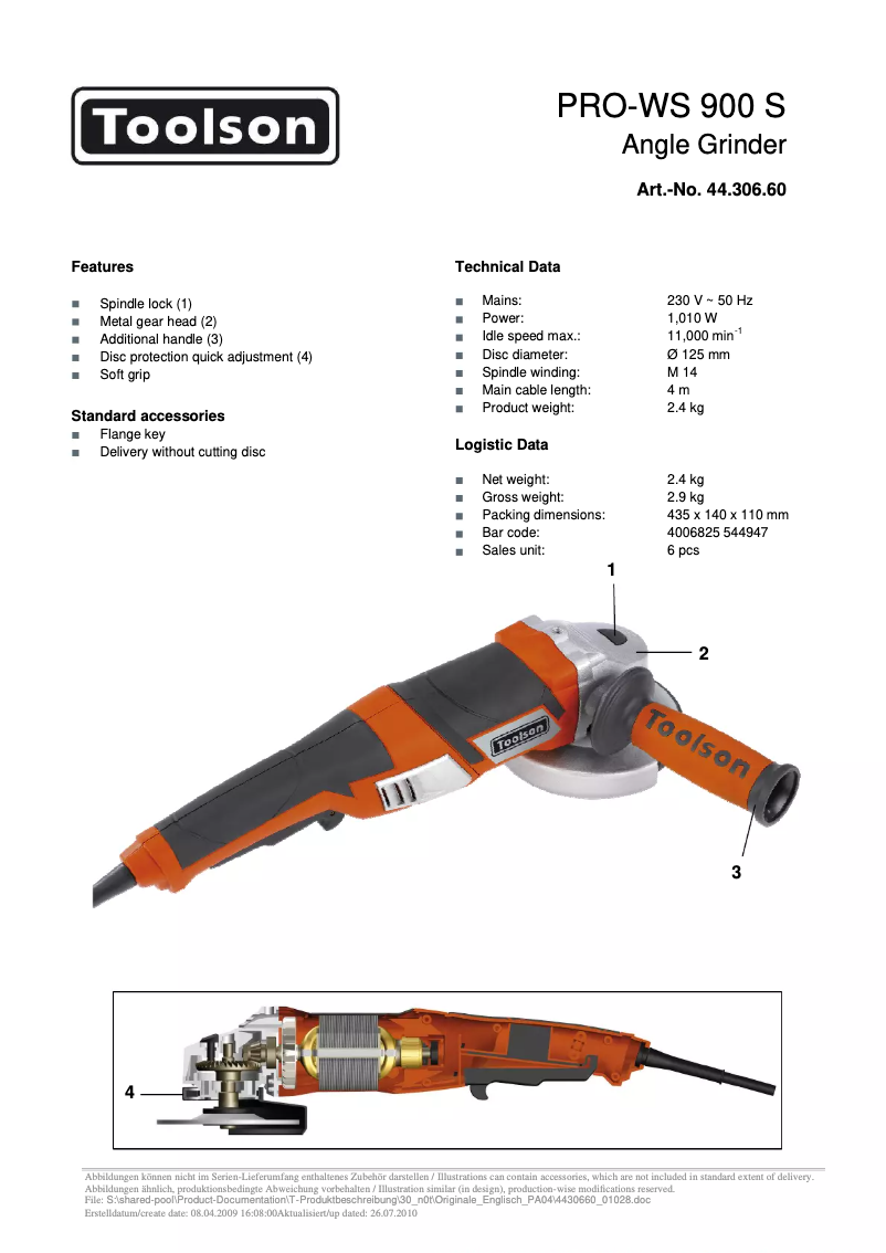 Page 1 de la notice Fiche technique Toolson PRO-WS 900 S