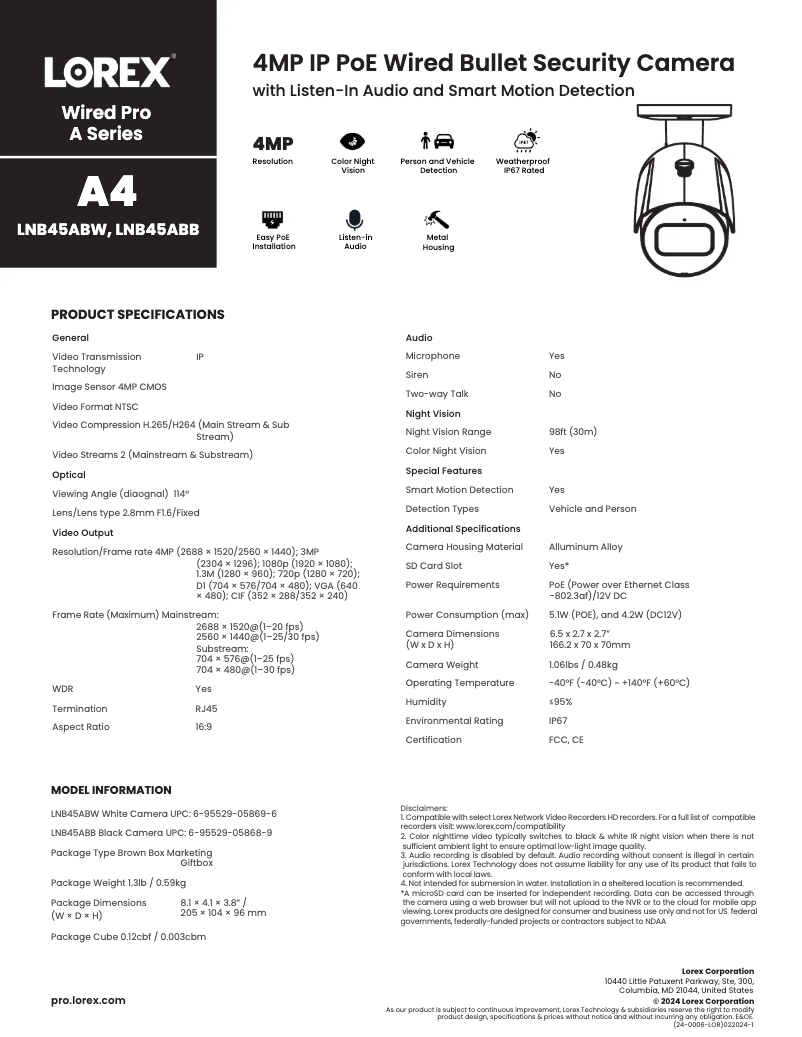 Page 1 of the manual Technical Sheet Lorex LNB45ABW