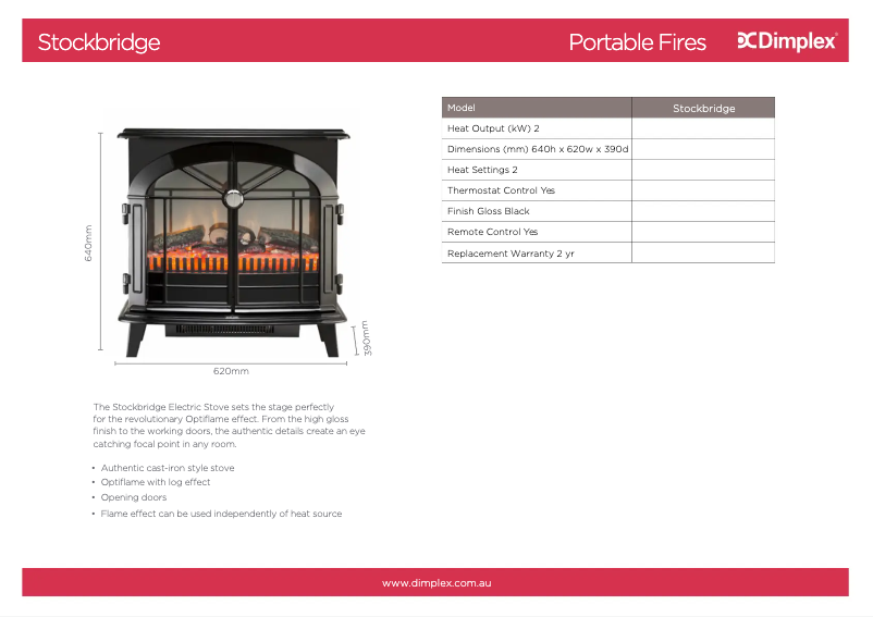 Página 1 del manual Ficha técnica Dimplex Stockbridge