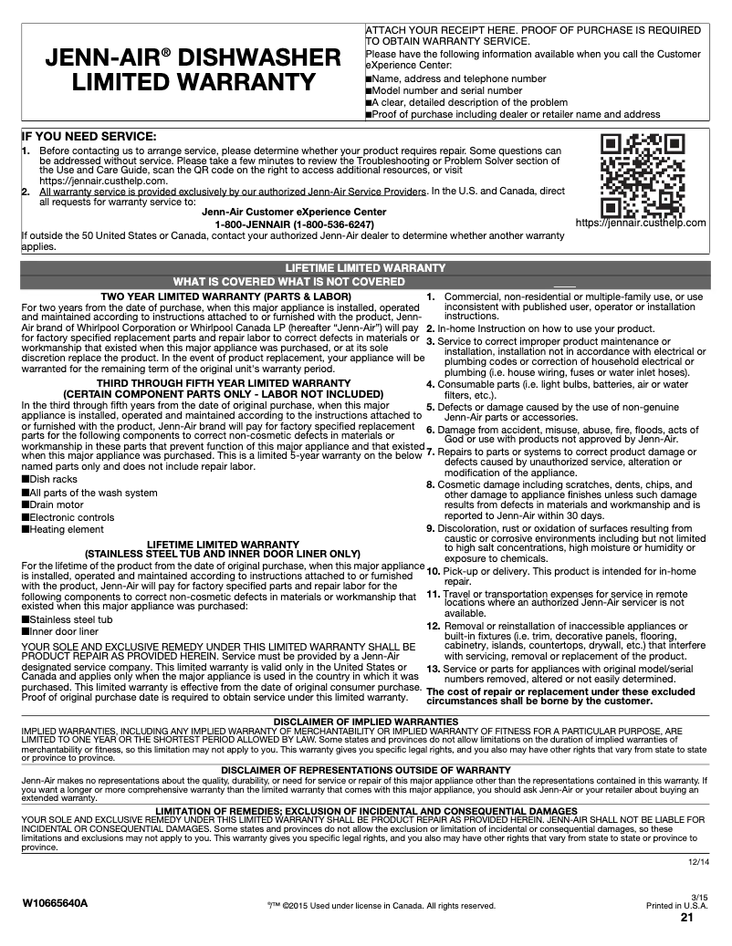 Page 1 de la notice Informations de garantie JennAir JKTPX151HL