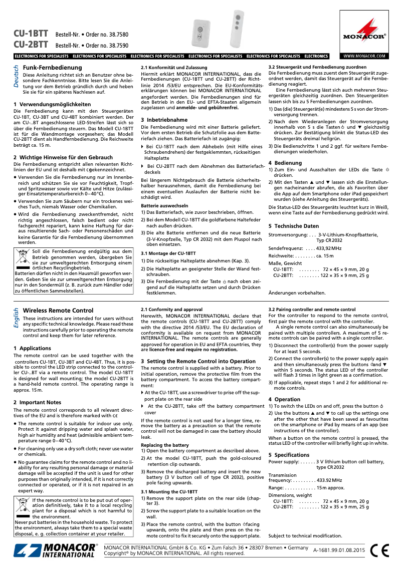 Page 1 de la notice Manuel utilisateur Monacor CU-2BTT