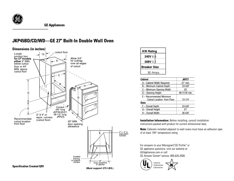 Página 1 del manual Ficha técnica GE JKP45CDCC