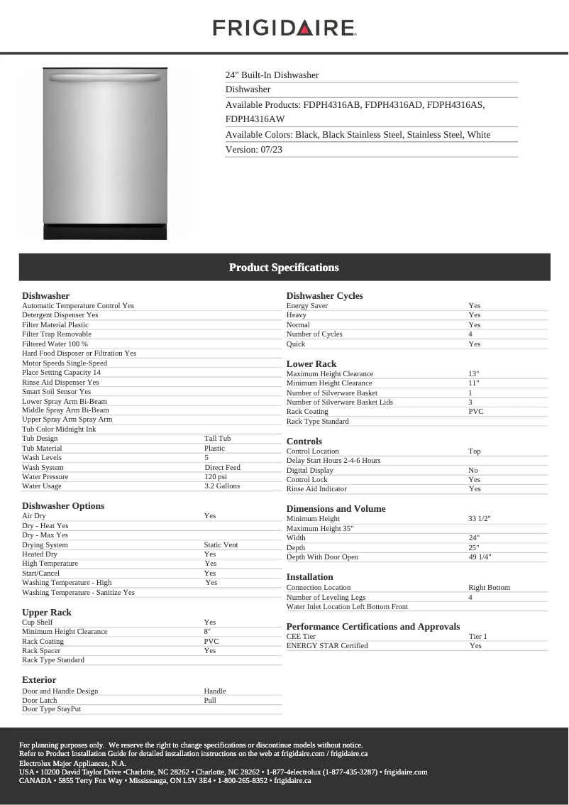 Page 1 de la notice Fiche technique Frigidaire FDPH4316AB