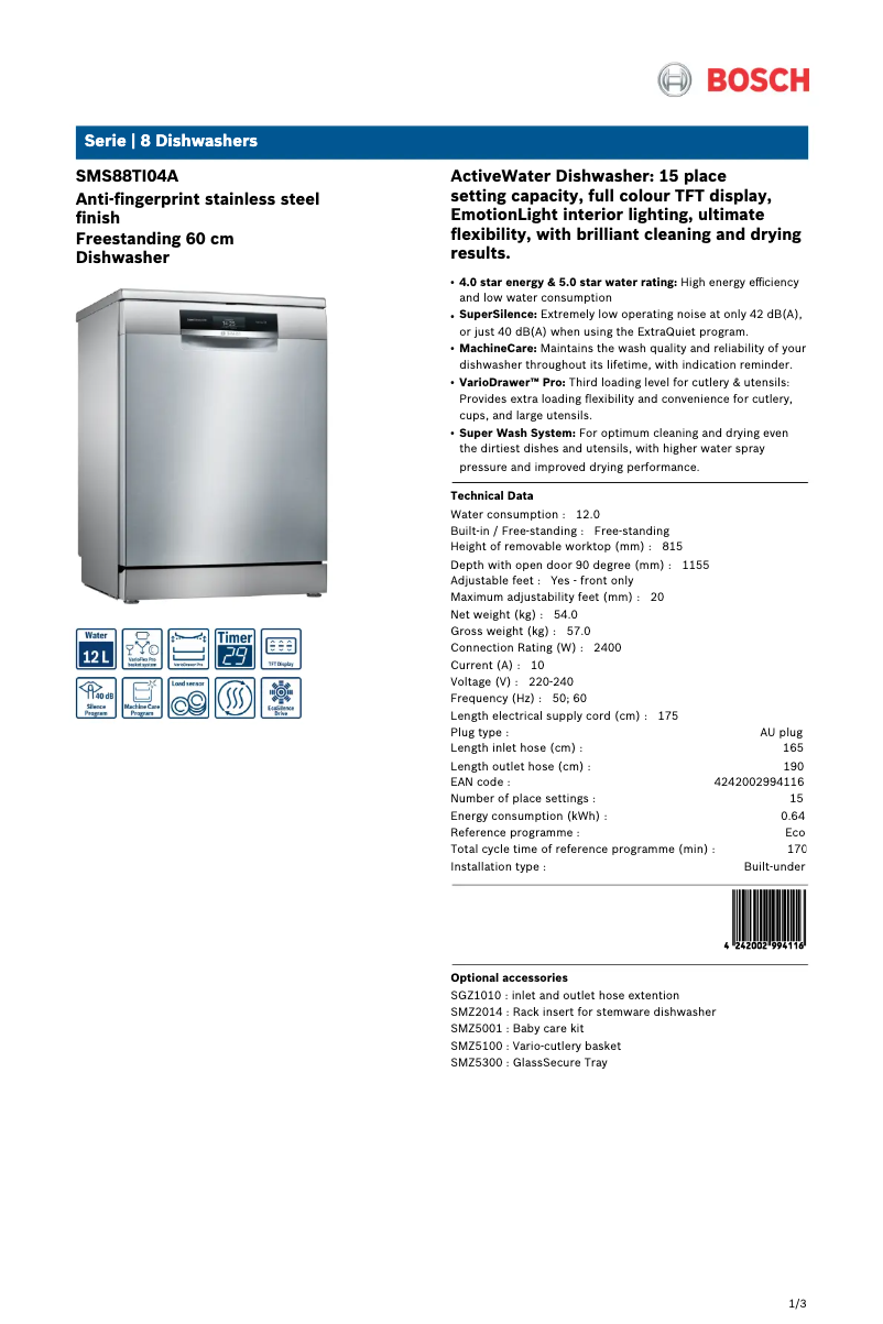 Page 1 de la notice Fiche technique Bosch SMS88TI04A
