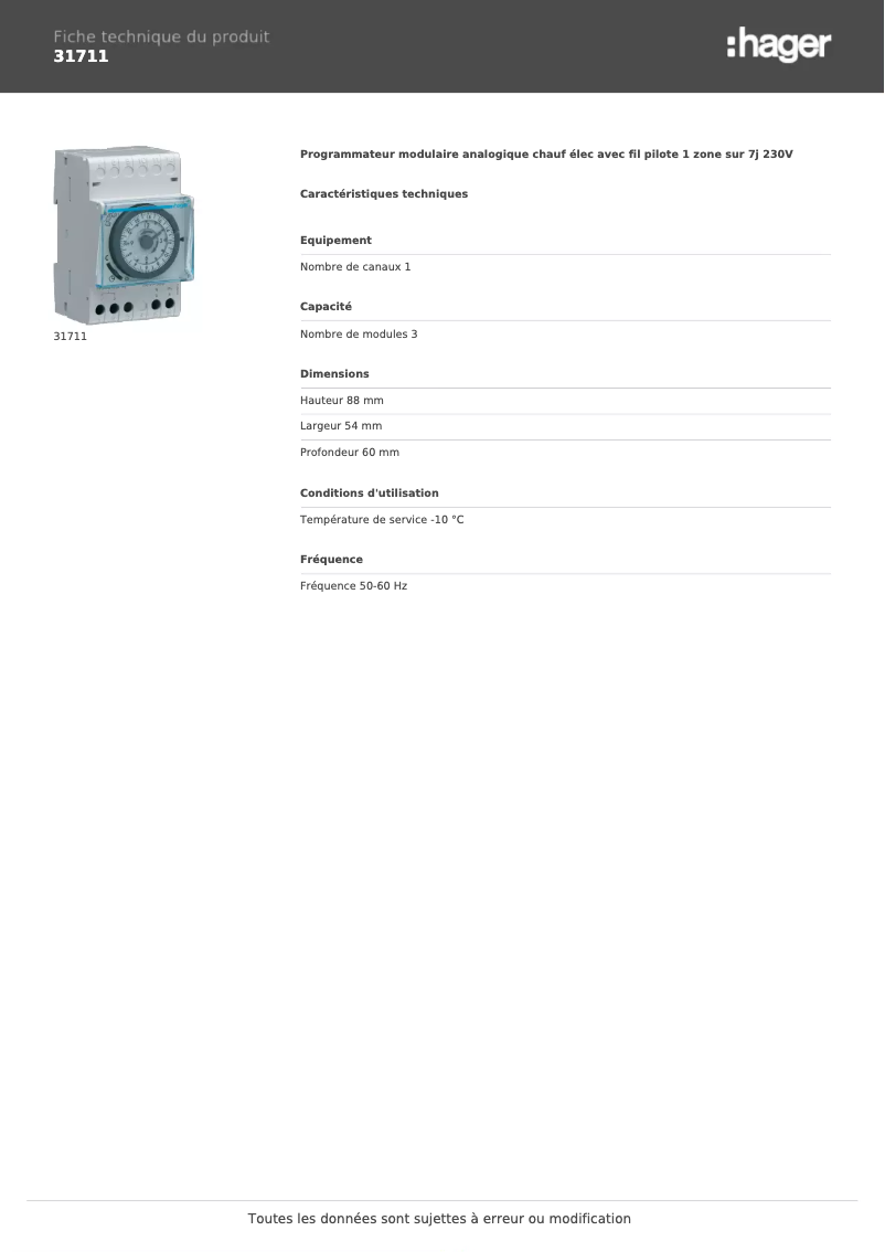 Page 1 de la notice Fiche technique Hager 31711