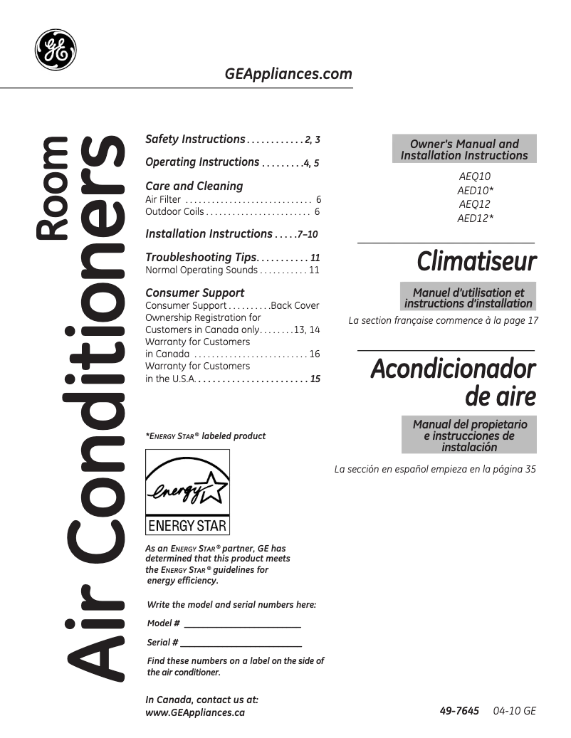Página 1 del manual Manual de uso y mantenimiento GE AEQ12AM