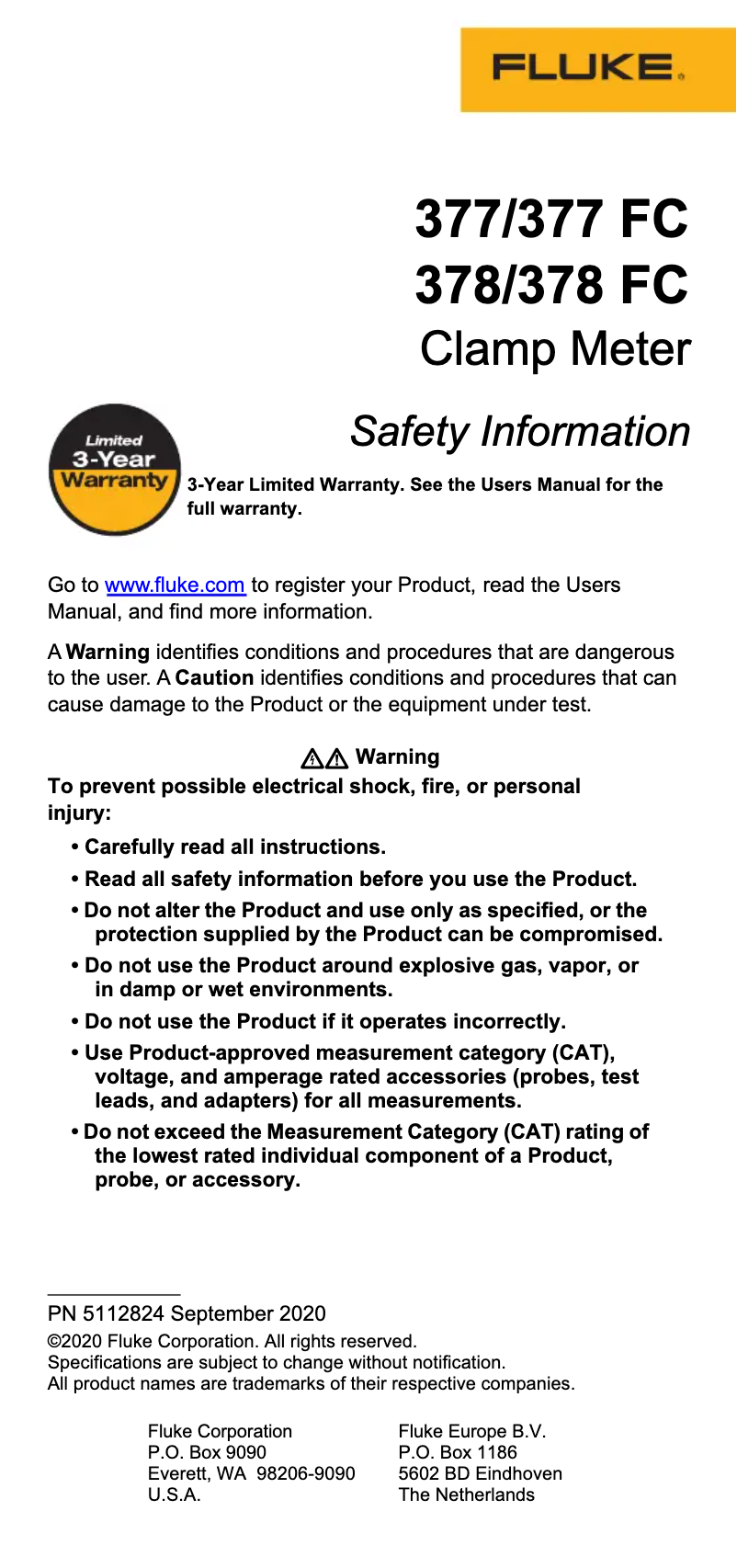 Page 1 de la notice Instructions de sécurité Fluke 377 FC