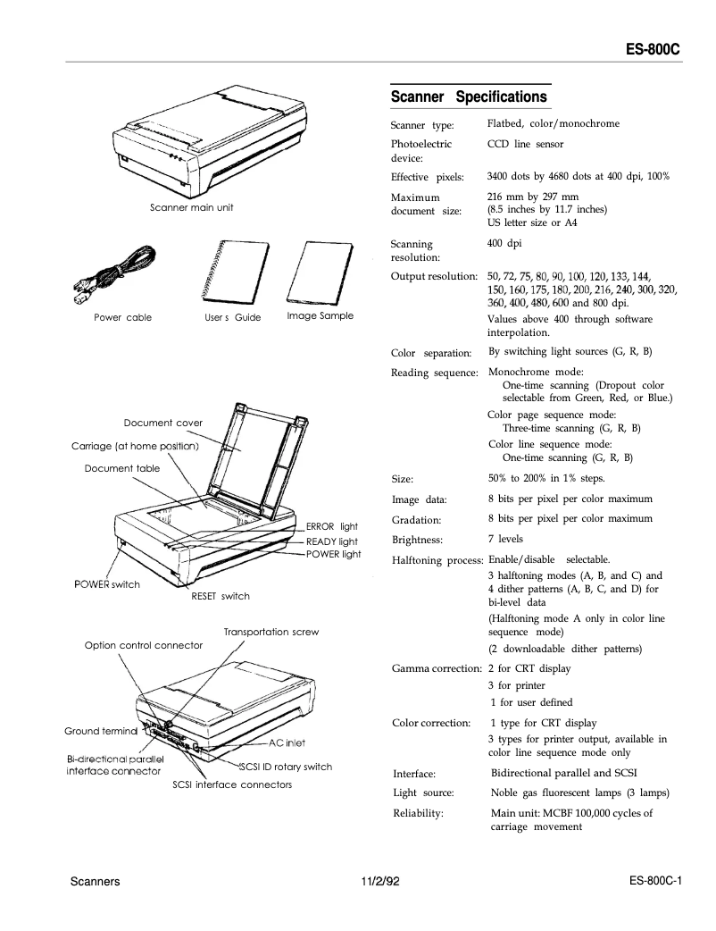 Page 1 of the manual Technical Sheet Epson ES-800C