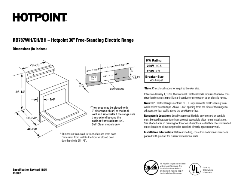 Page 1 de la notice Fiche technique Hotpoint RB787WHWW