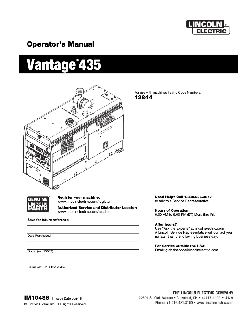 Page 1 de la notice Manuel utilisateur Lincoln Electric Vantage 435