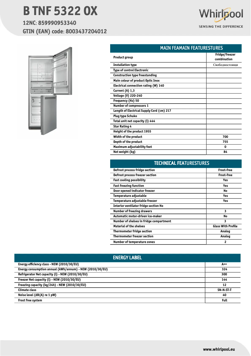Page 1 of the manual Technical Sheet Whirlpool B TNF 5322 OX