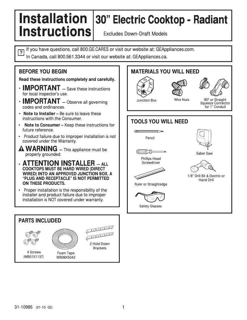Página 1 del manual Ficha técnica GE JP3030DJBB