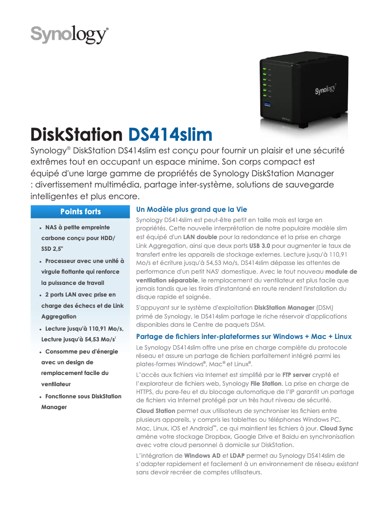 Page 1 de la notice Fiche technique Synology DiskStation DS414slim