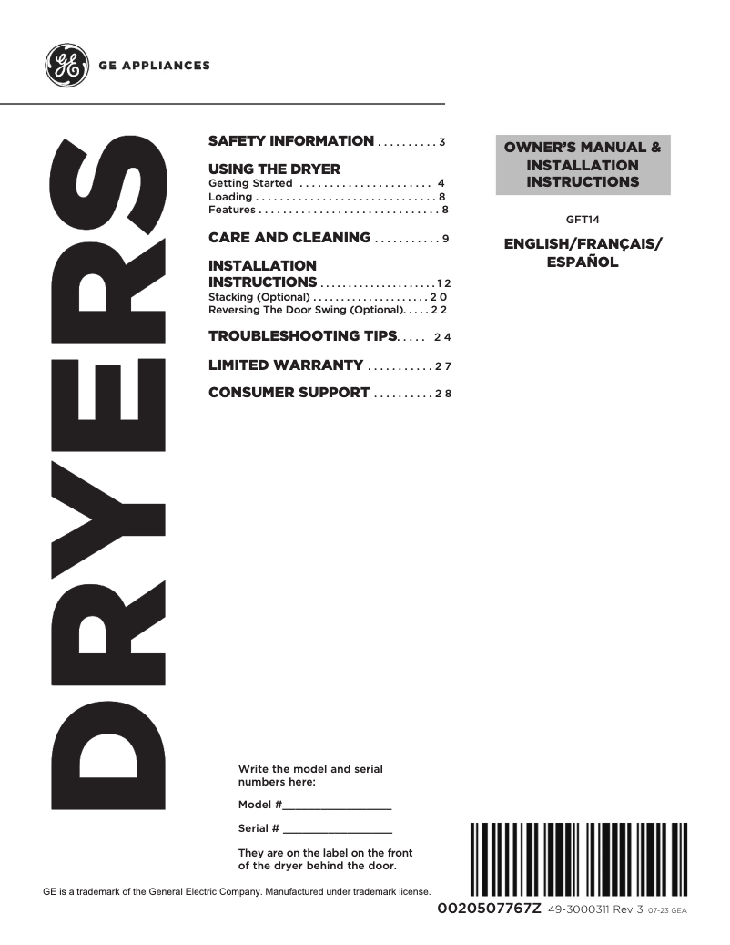 Página 1 del manual Guía de instalación GE GFT14ESSLWW