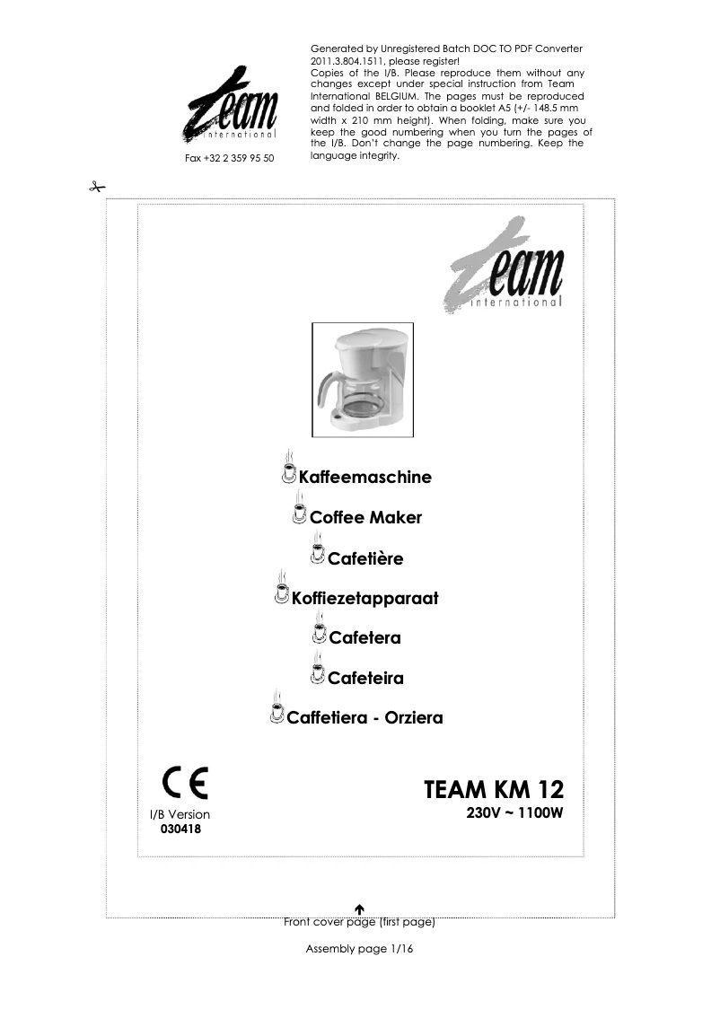 Page 1 de la notice Manuel utilisateur Team KM 12