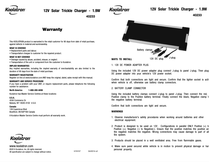Page 1 de la notice Manuel utilisateur Koolatron 40233