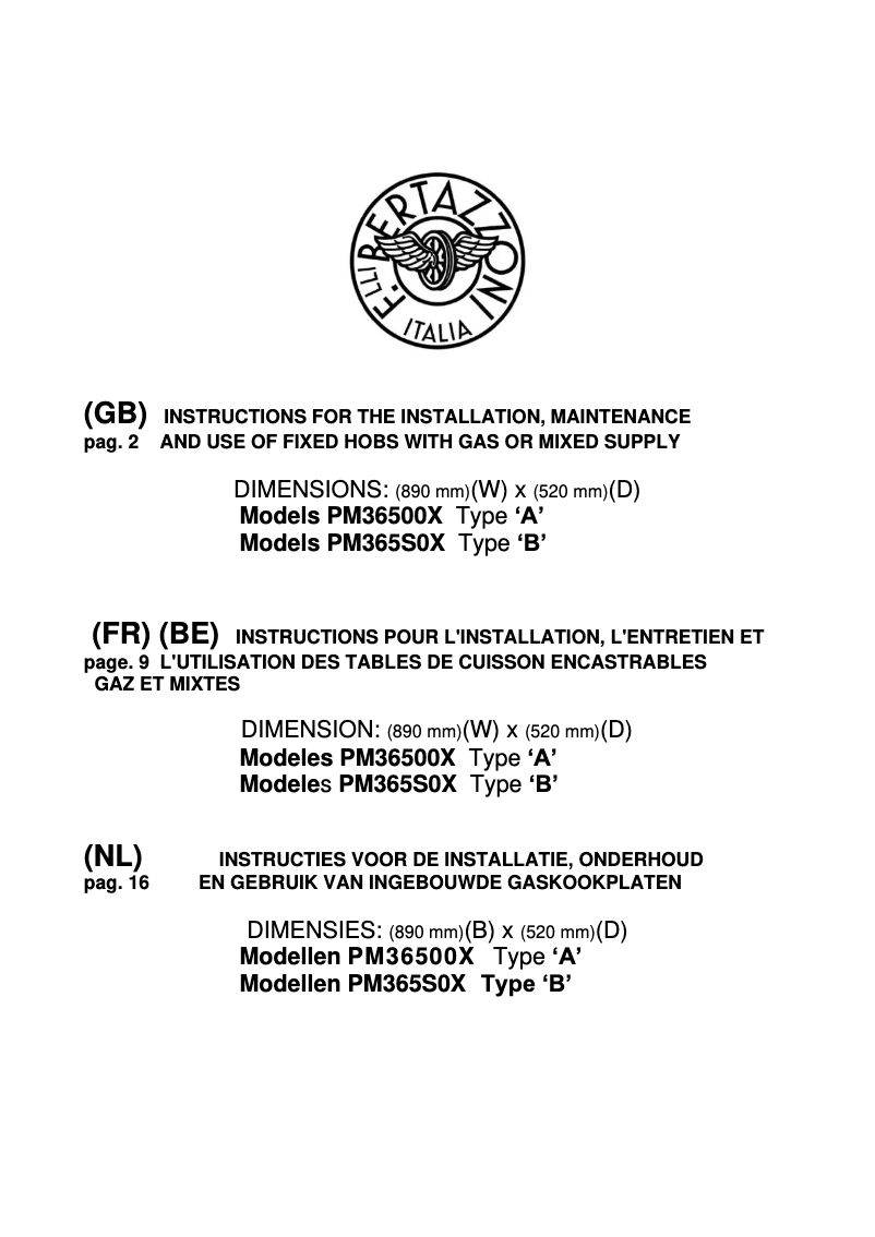 Page 1 de la notice Mode d'emploi Bertazzoni PM36500X