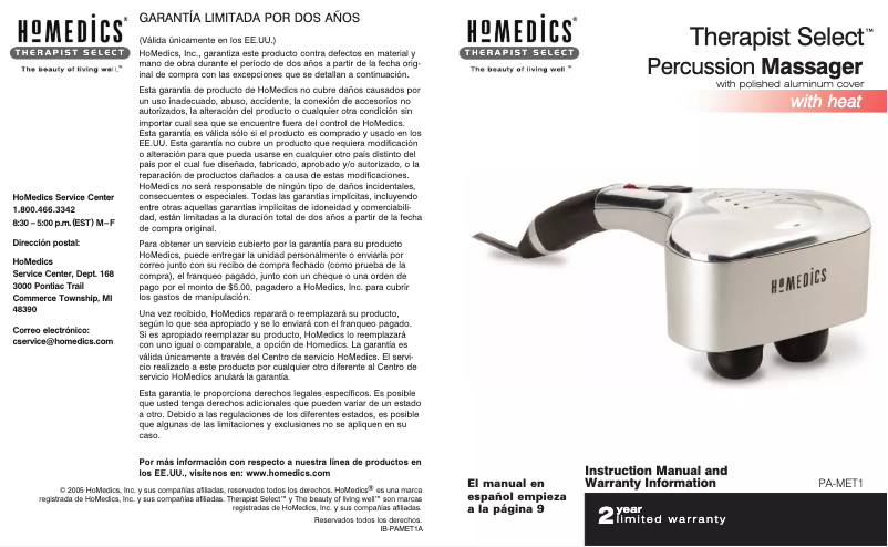 Page 1 de la notice Manuel utilisateur Homedics PA-MET1