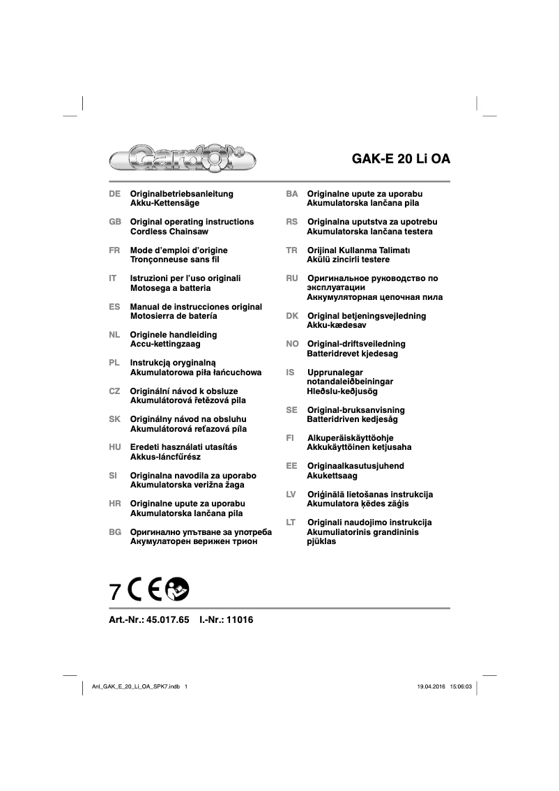 Page 1 de la notice Manuel utilisateur Gardol GAK-E 20 Li OA