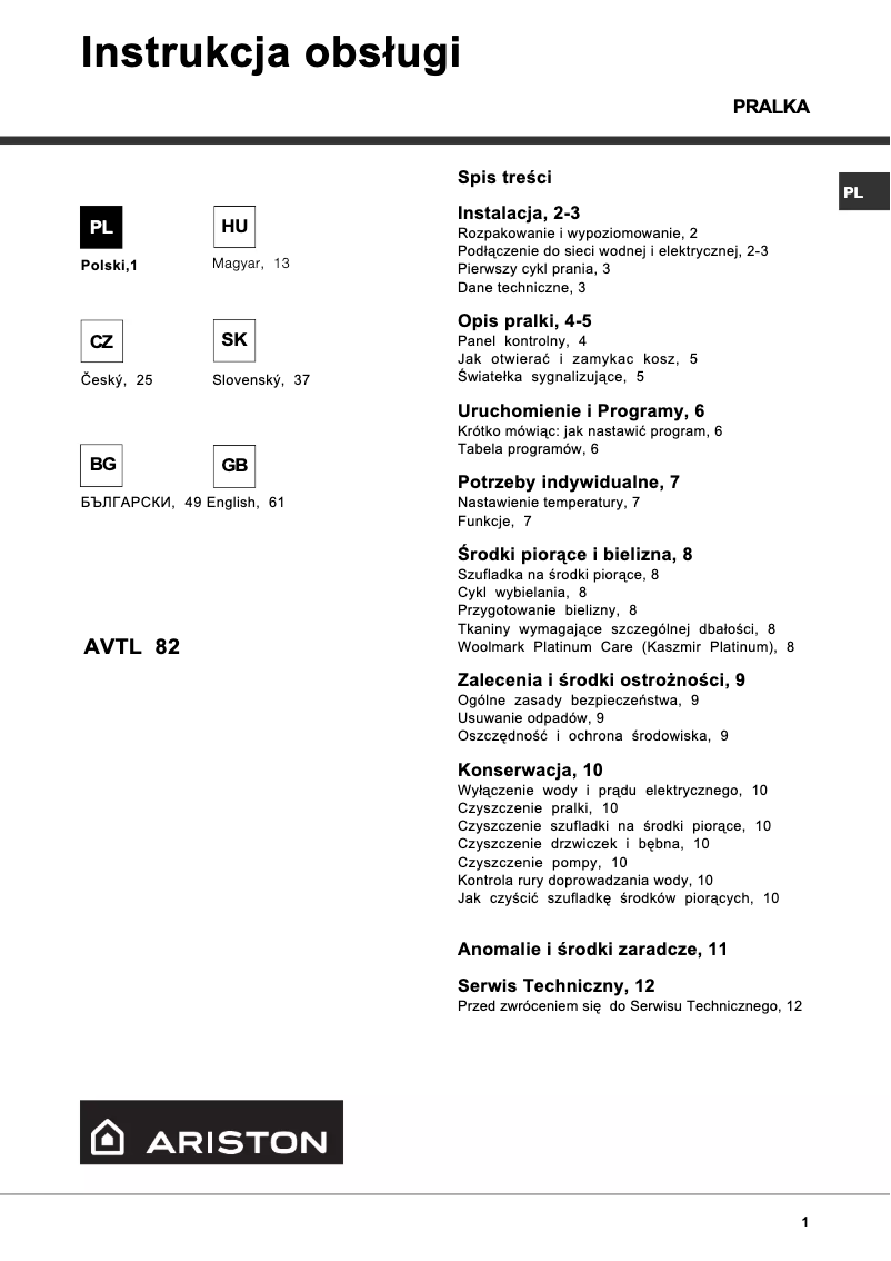 Página 1 del manual Manual de usuario Ariston Thermo AVTL82