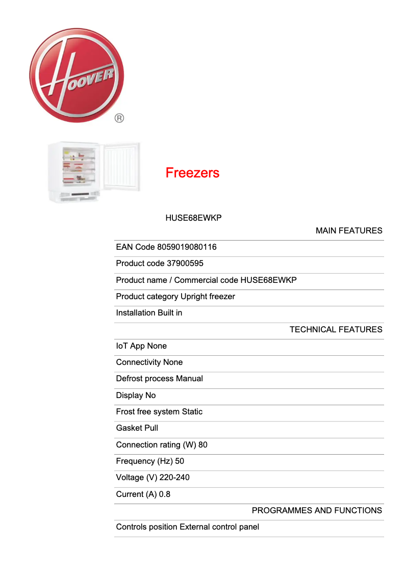 Page 1 de la notice Fiche technique Hoover HUSE68EWKP
