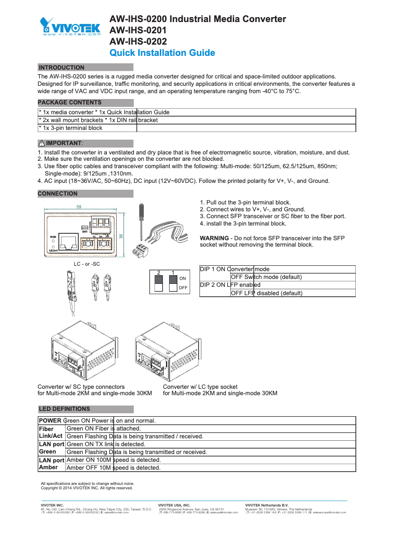 Page 1 de la notice Guide d'installation Vivotek AW-IHS-0202