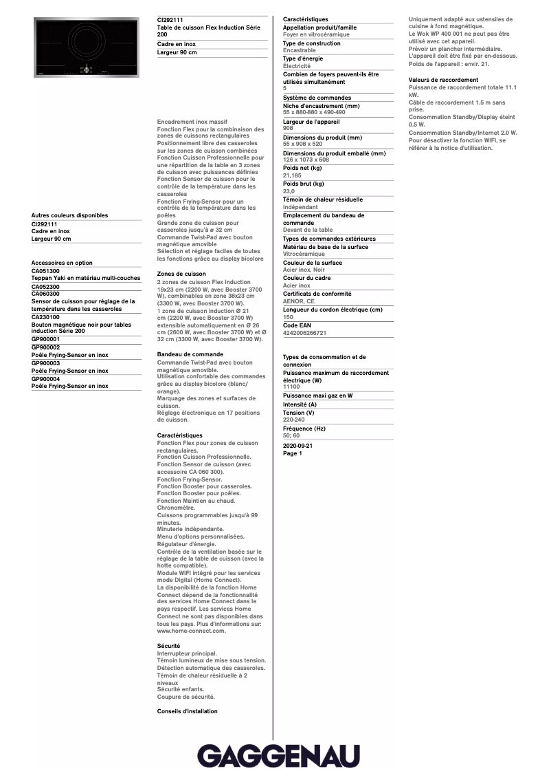 Page 1 de la notice Fiche technique Gaggenau CI292111