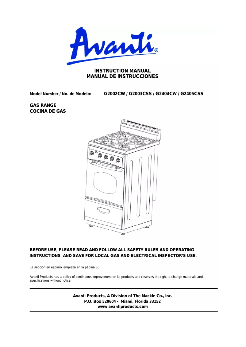 Page 1 de la notice Manuel utilisateur Avanti G2405CSS