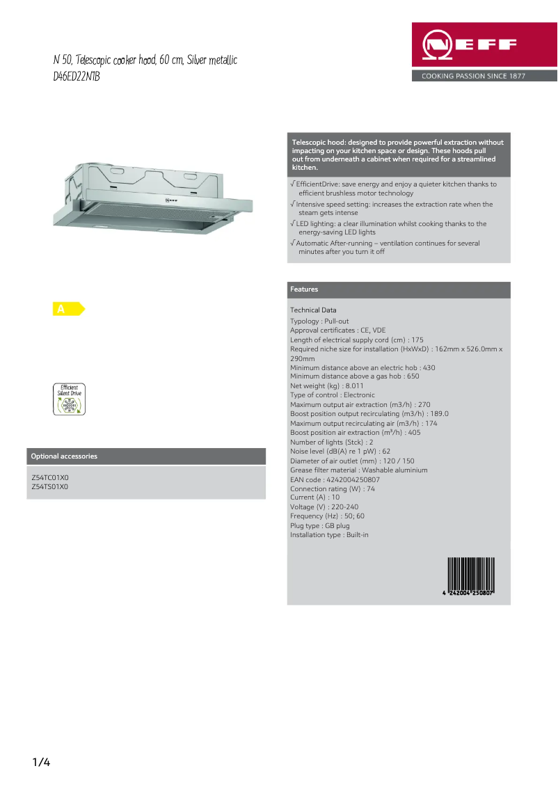 Page 1 of the manual Technical Sheet Neff D46ED22N1B