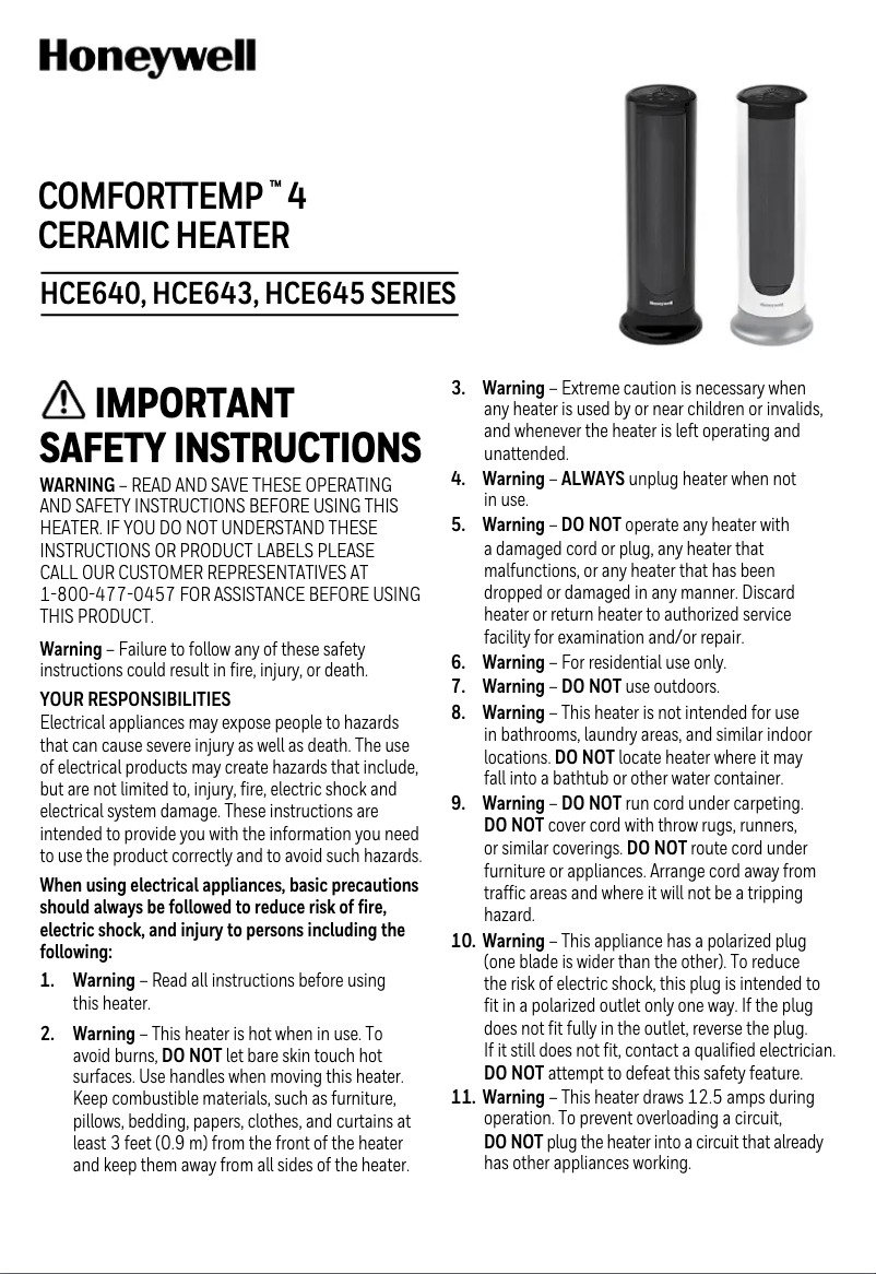 Page 1 de la notice Manuel utilisateur Honeywell ComfortTemp 4 HCE645W