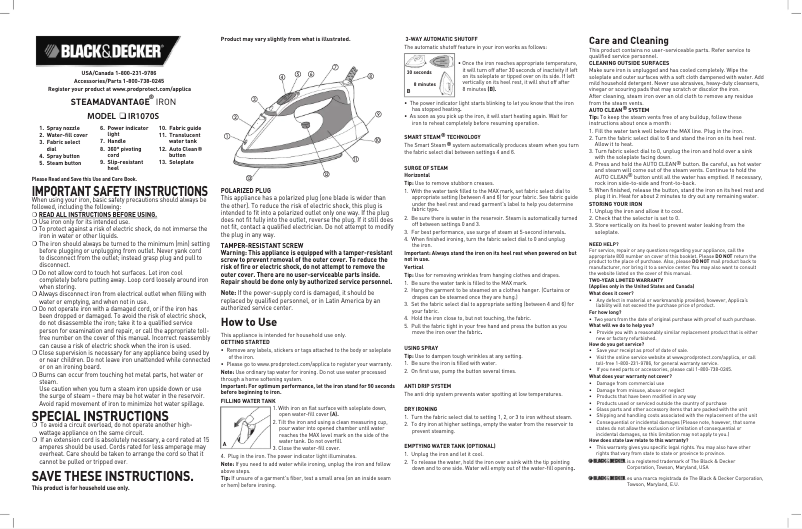 Page 1 de la notice Manuel utilisateur Black & Decker SteamAdvantage IR1070S