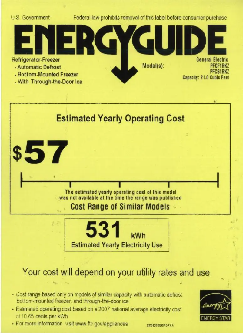 Page 1 of the manual Energy Label GE PFCF1RKZ