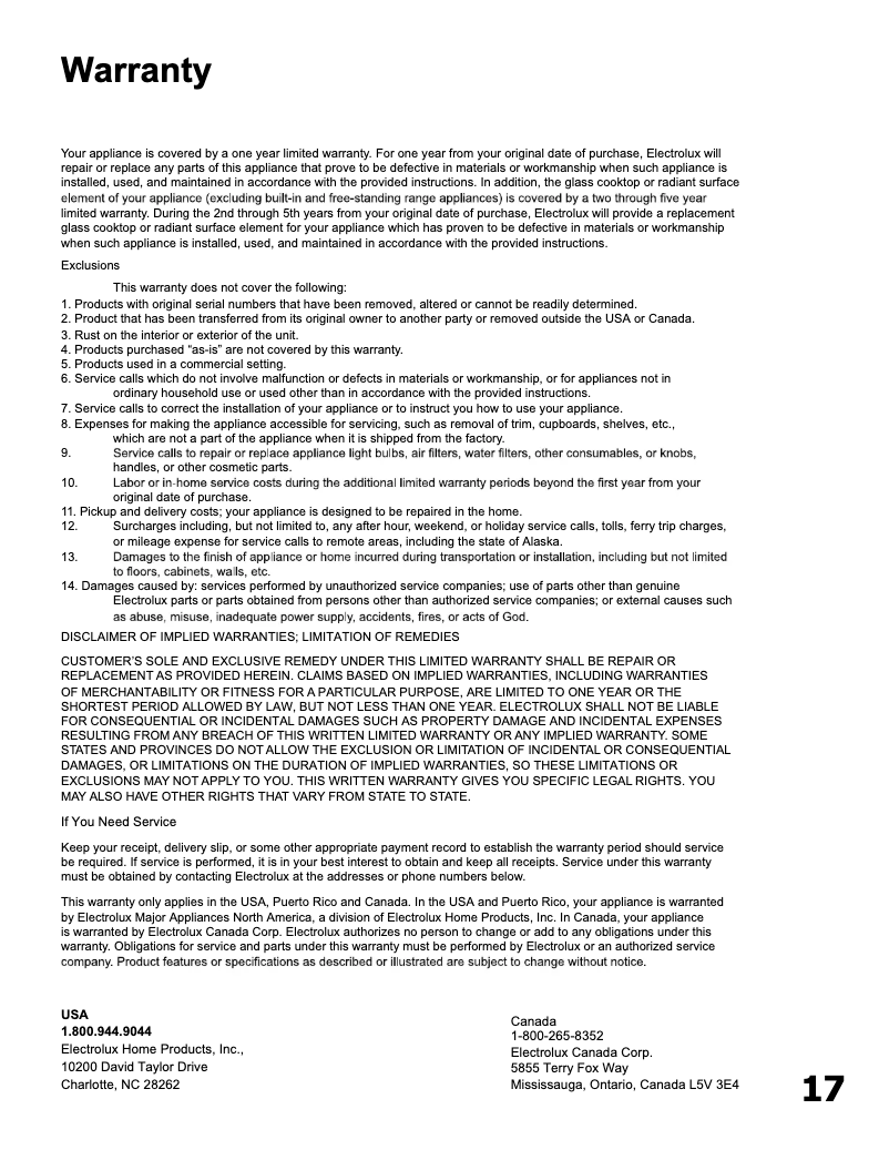 Page 1 of the manual Warranty Information Frigidaire FHWC3640MS