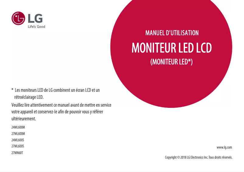 Page 1 de la notice Manuel utilisateur LG 27ML600S