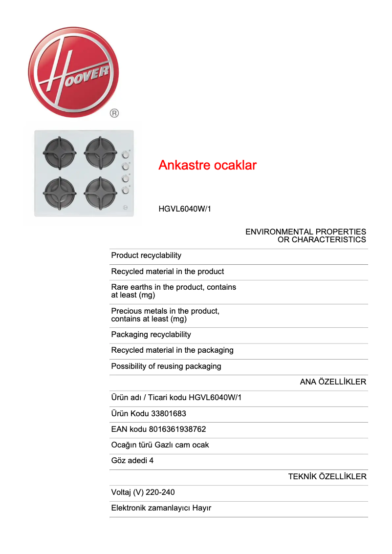 Página 1 del manual Ficha técnica Hoover HGVL6040W/1