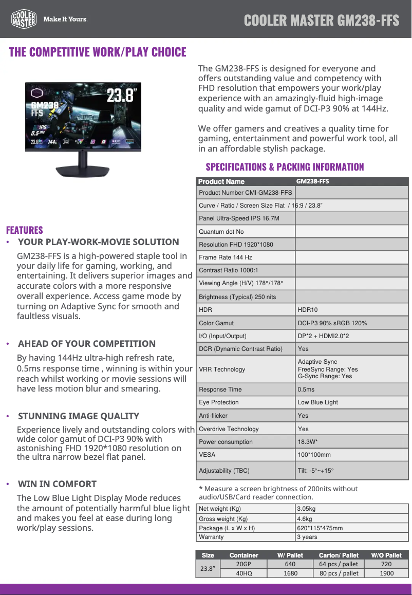 Page 1 de la notice Fiche technique Cooler Master GM238-FFS