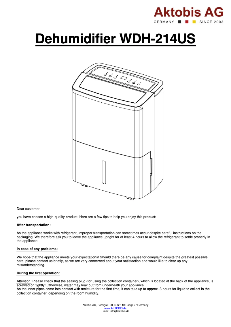 Page 1 of the manual User Manual Aktobis WDH-214US