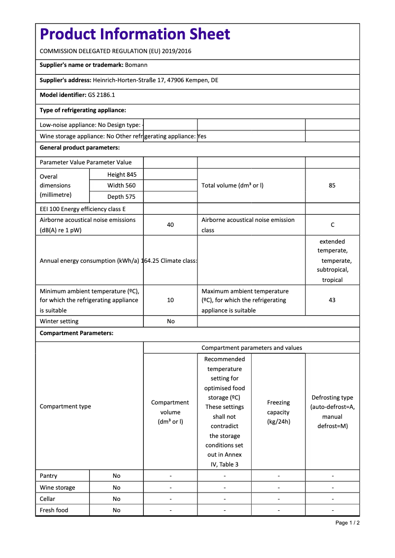 Page 1 de la notice Fiche technique Bomann GS 2186.1