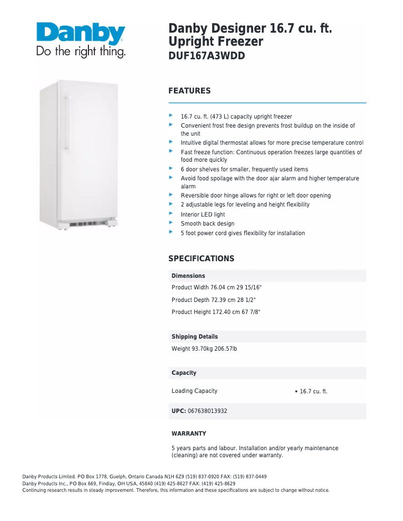 Page 1 de la notice Fiche technique Danby Designer DUFM101A2WDD