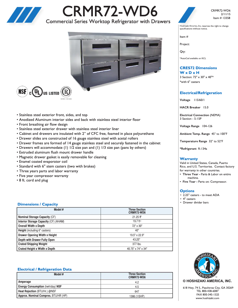 Page 1 de la notice Fiche technique Hoshizaki CRMR72-WD6