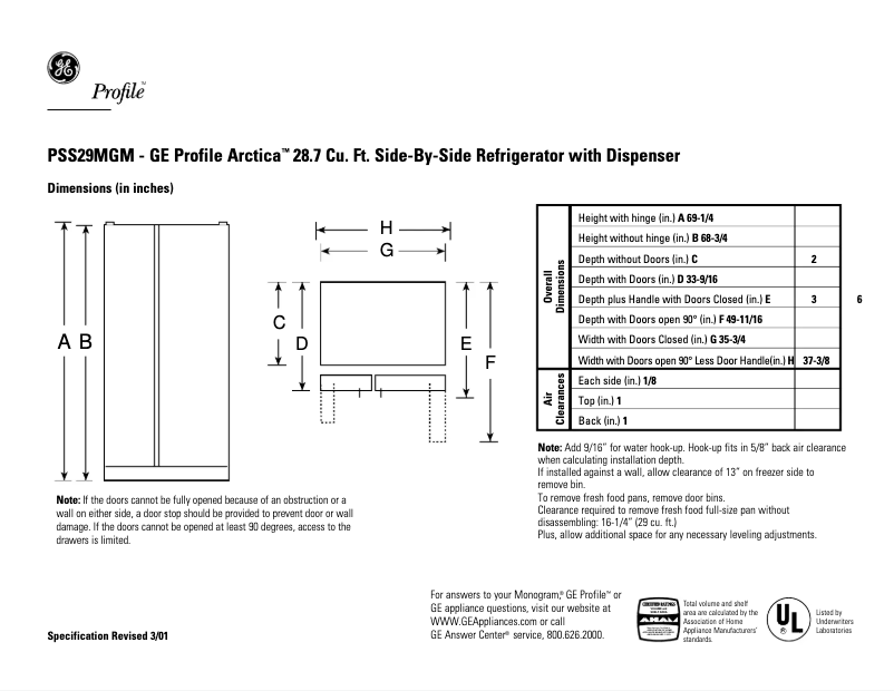 Page n°1 - Fiche technique GE Profile Arctica PSS29MGMWW