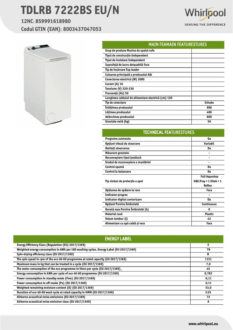 Página 1 del manual Ficha técnica Whirlpool TDLRB 7222BS EU/N